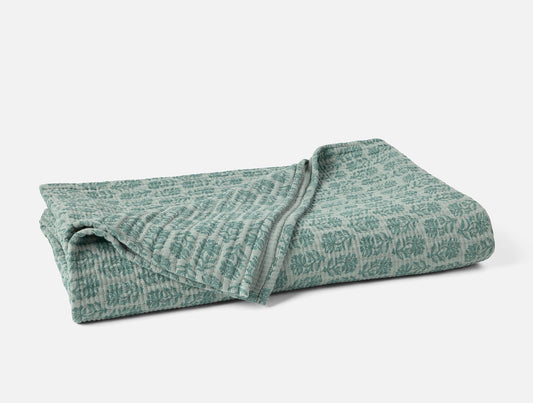 Folded green patterned blanket on a white background