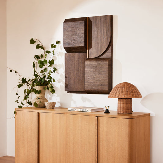 Wooden sideboard with decorative items in a room setting - Image 2