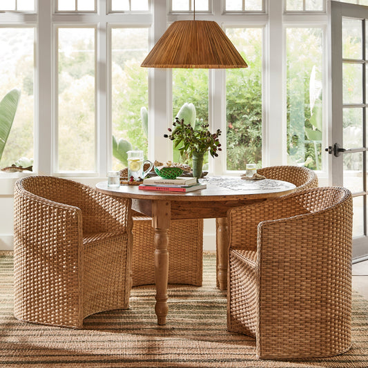 3 large chairs around circular table with pendant light hanging above, against white windows  - Image 2