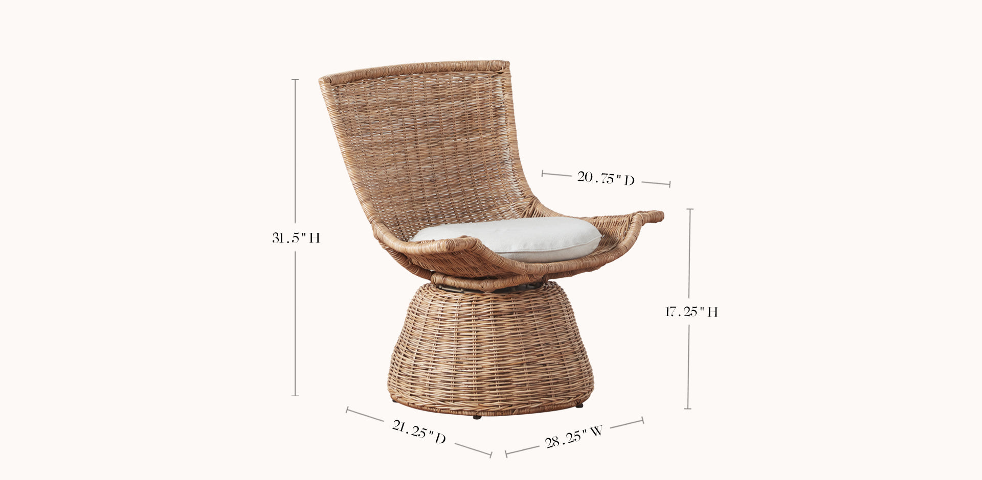 Wicker chair with dimensions labeled on a white background