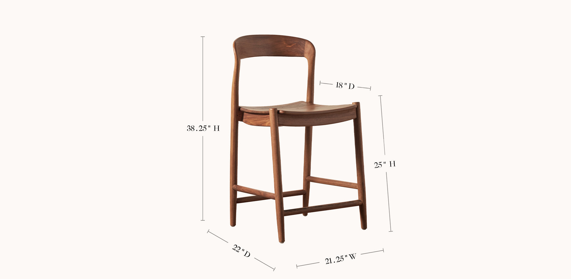 Wooden bar stool with dimensions labeled on a white background