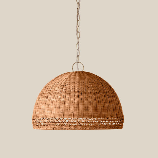 Woven pendant light with chain on a beige background