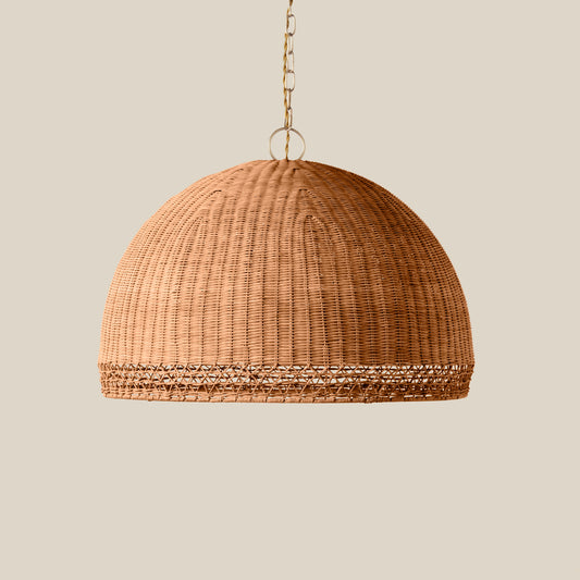 Woven pendant light with a beige background