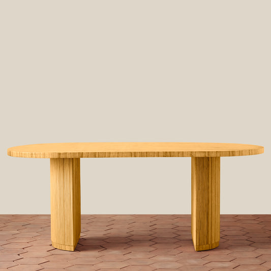 Wooden dining table on a beige background