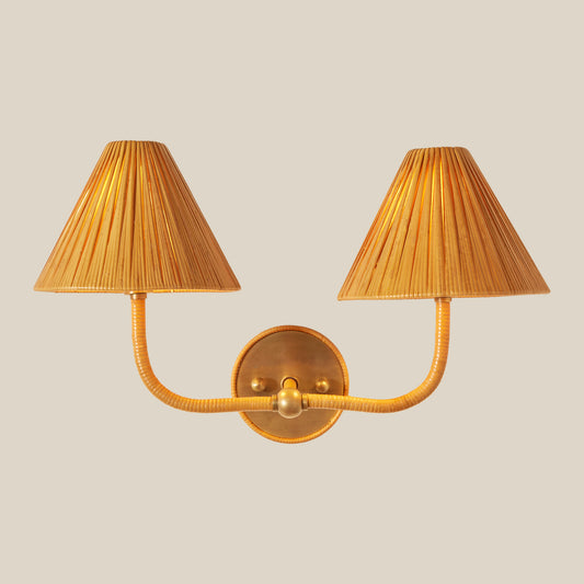 Rattan wall sconce with two lampshades on a beige background - Image 2