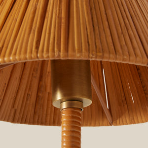 Close-up of a brown pleated lampshade with a brass fitting on a beige background - Number 5