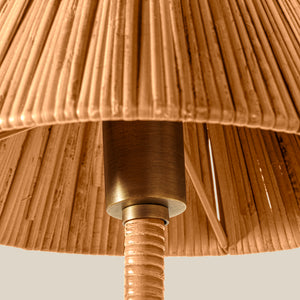 Close-up detail of a lampshade made of tightly bundled natural fibers, with a warm brass metal collar and matching textured stem visible against a light neutral background. - Number 4