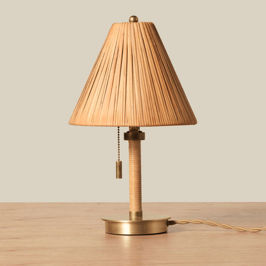 Small rattan table lamp with brass accents on wooden table against beige background
