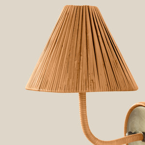 A close-up of a wall-mounted lamp with a pleated conical shade and a curved woven arm, shown against a plain warm beige background. - Number 3