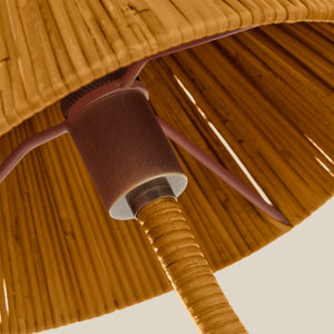 Close-up of a woven lampshade with a visible light bulb socket. - Number 4
