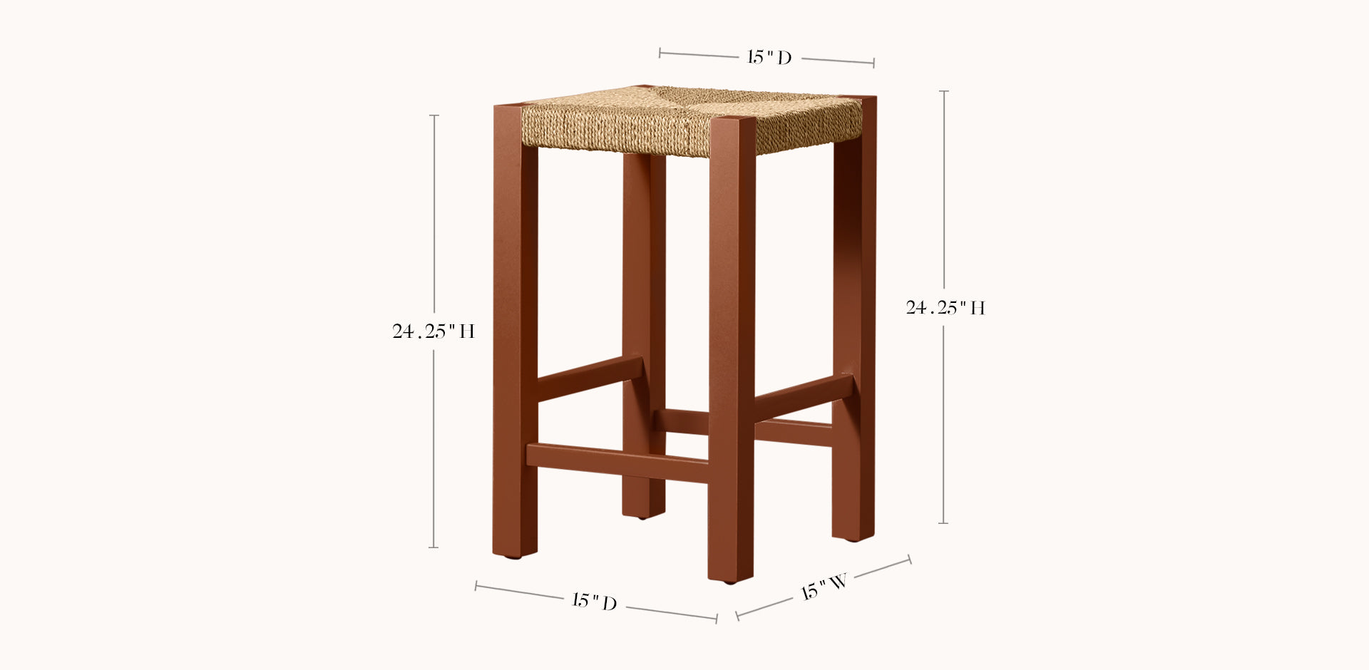 Wooden bar stool with dimensions labeled on a white background