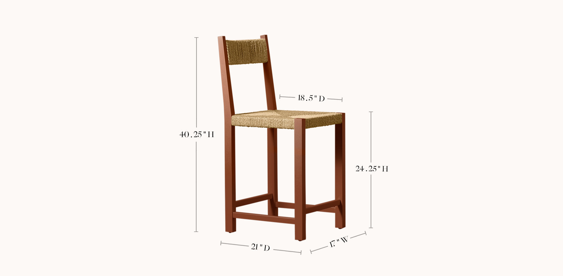 Wooden bar stool with dimensions labeled on a white background