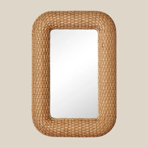 Rectangular mirror with a woven rattan frame on a beige background - Number 1