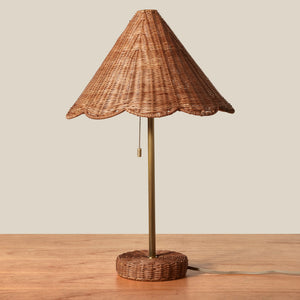 Wicker table lamp with scalloped shade on a wooden surface - Number 1