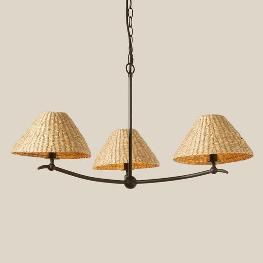 Chandelier with three woven lampshades on a beige background - Image 2