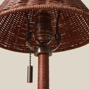 Close-up of a wicker lampshade with a metal pull chain on a beige background - Number 5