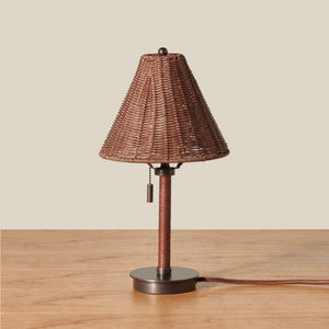 Wicker table lamp with brown shade on a wooden surface - Number 1