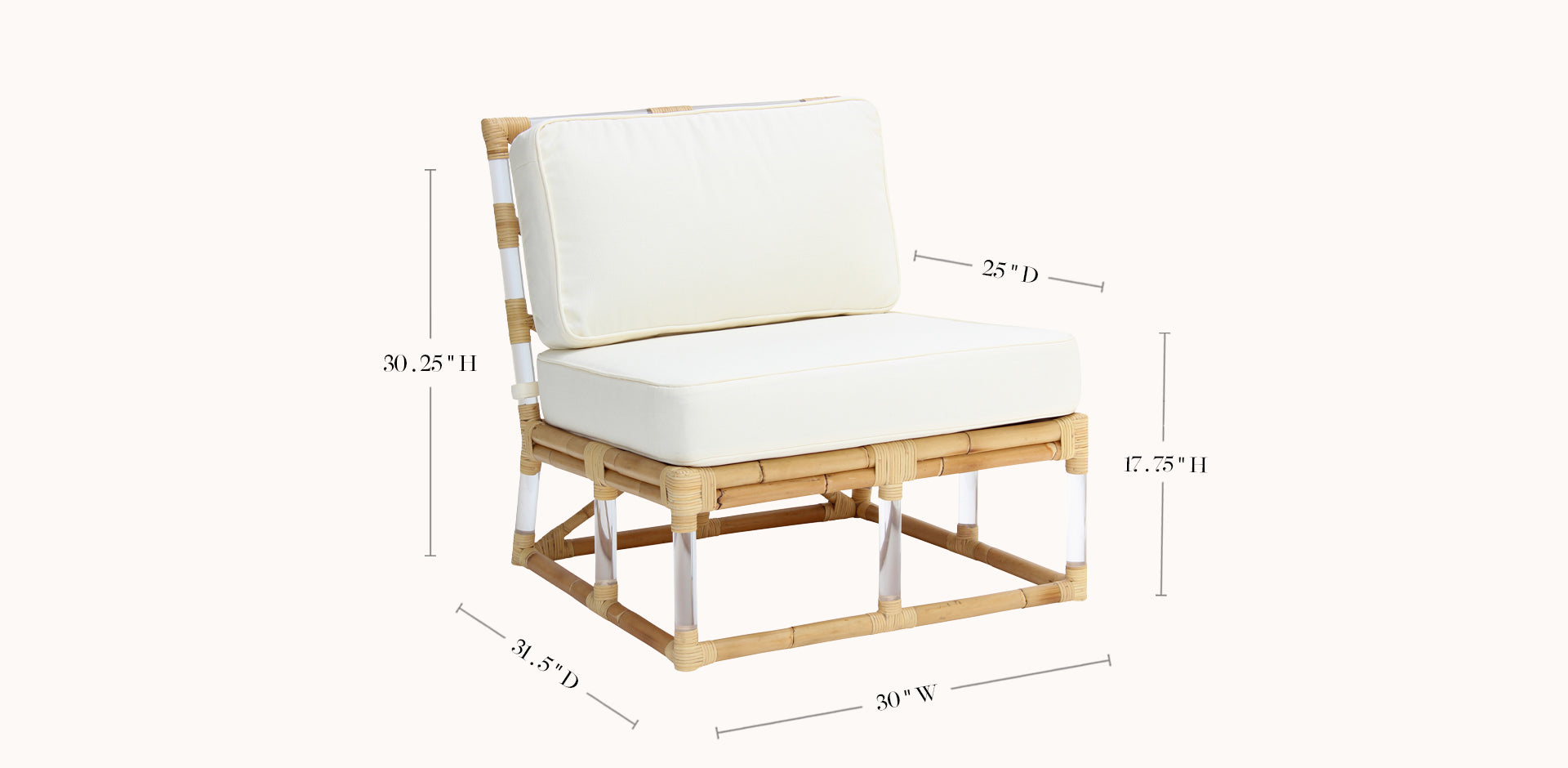 Wooden chair with white cushion and dimensions on a white background