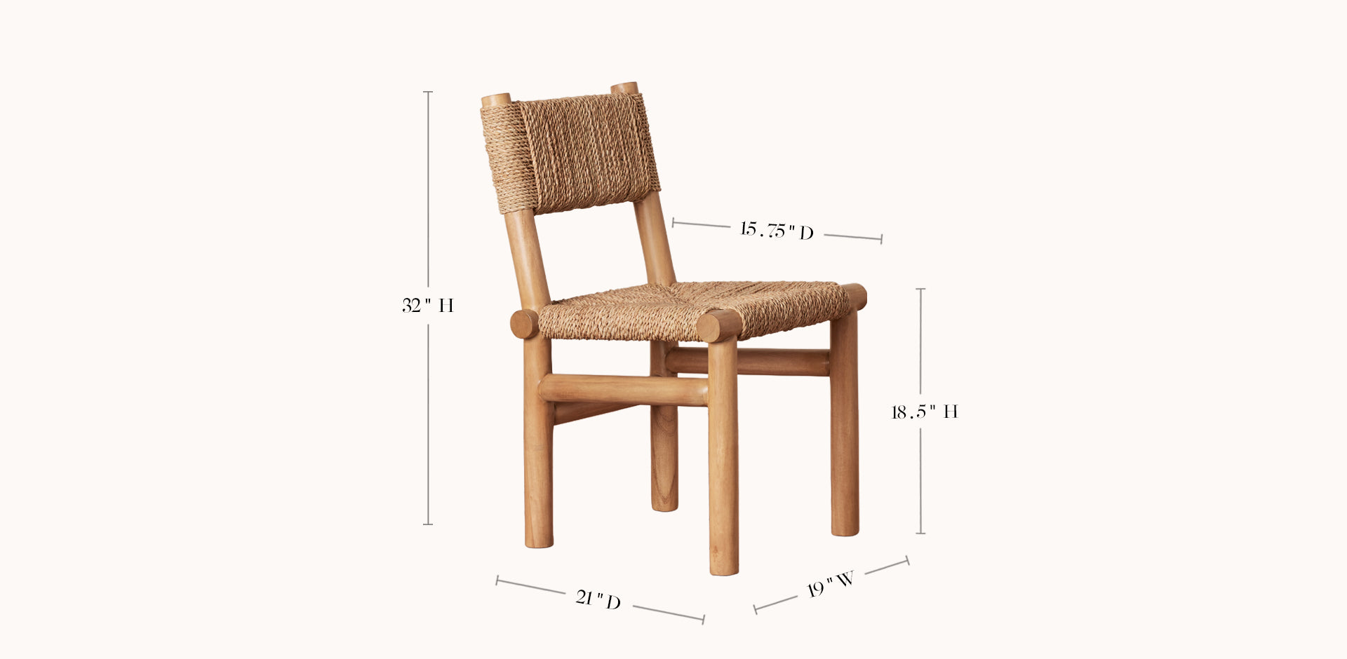 Wooden chair with dimensions labeled on a white background