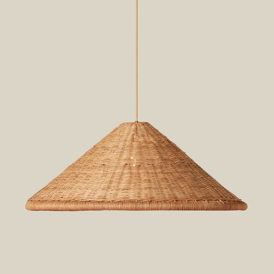 A natural woven rattan pendant light shade with a tapered conical shape, suspended by a thin cord against a solid beige background. - Image 2