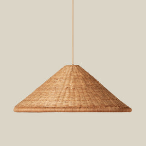 A natural woven rattan pendant light shade with a tapered conical shape, suspended by a thin cord against a solid beige background. - Number 2