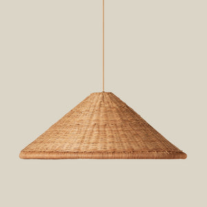 A natural woven rattan pendant light shade with a tapered conical shape, suspended by a thin matching cord against a solid light beige background. - Number 1