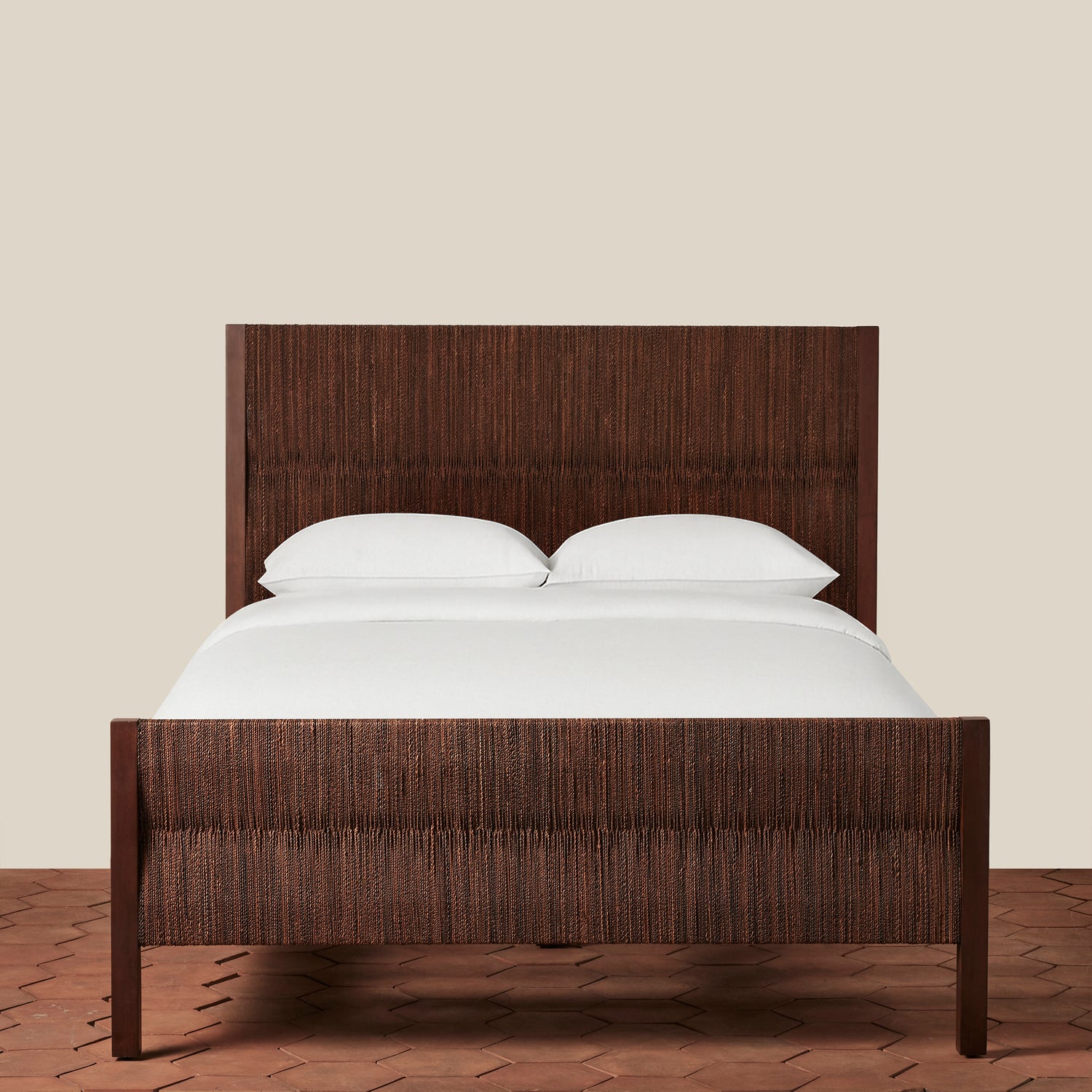 Wooden bed with white bedding on a beige background- Number 9