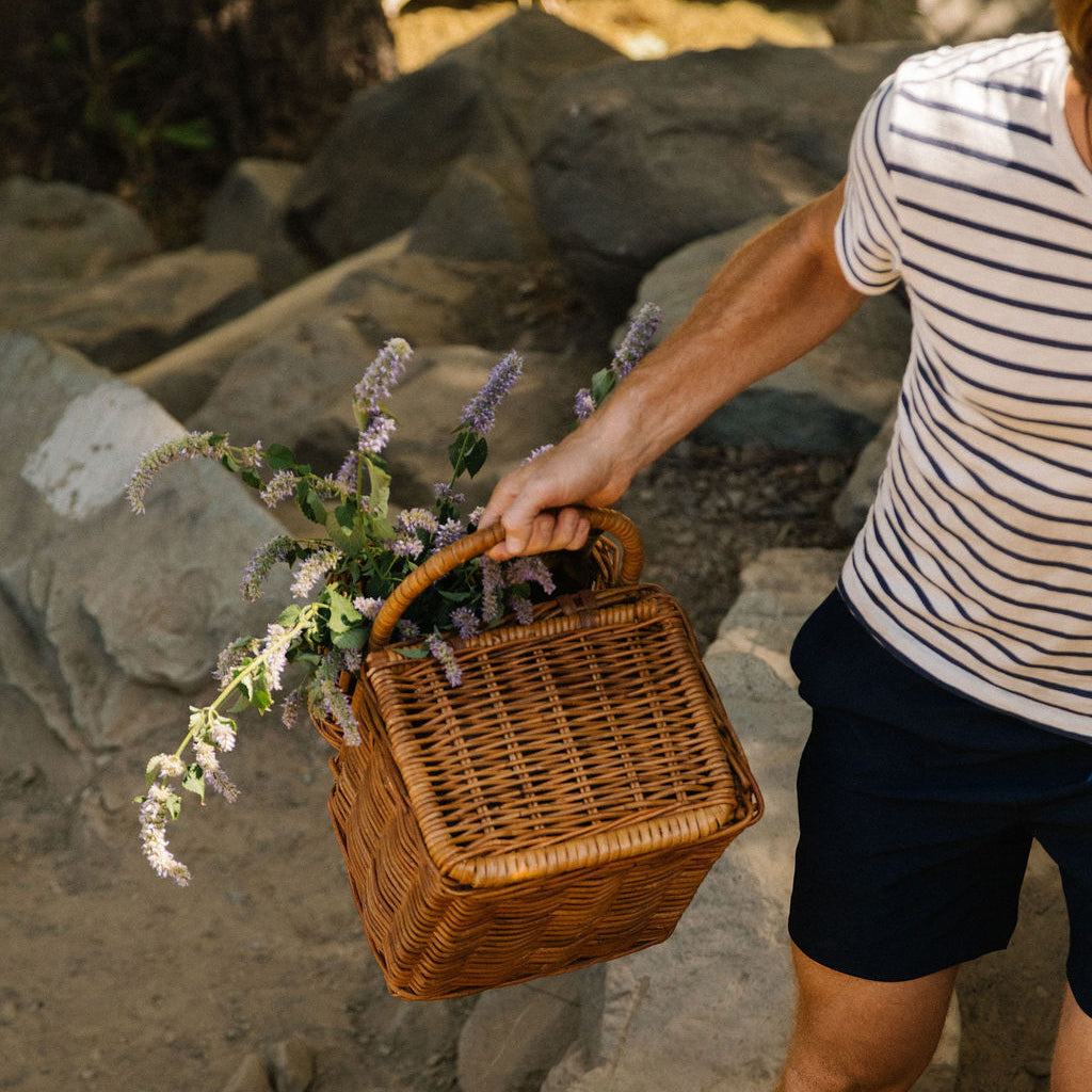 A person in a white and navy striped t-shirt and dark shorts carries a brown woven wicker picnic basket with purple flowers, walking on a rocky outdoor path.- Number 4