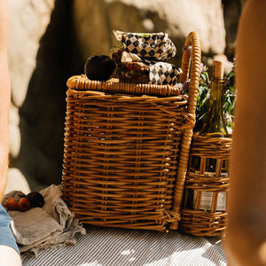 A rustic wicker picnic basket with a matching smaller side basket, filled with food and bottles, set on a striped picnic blanket outdoors with blurred human body parts in the foreground. - Number 3