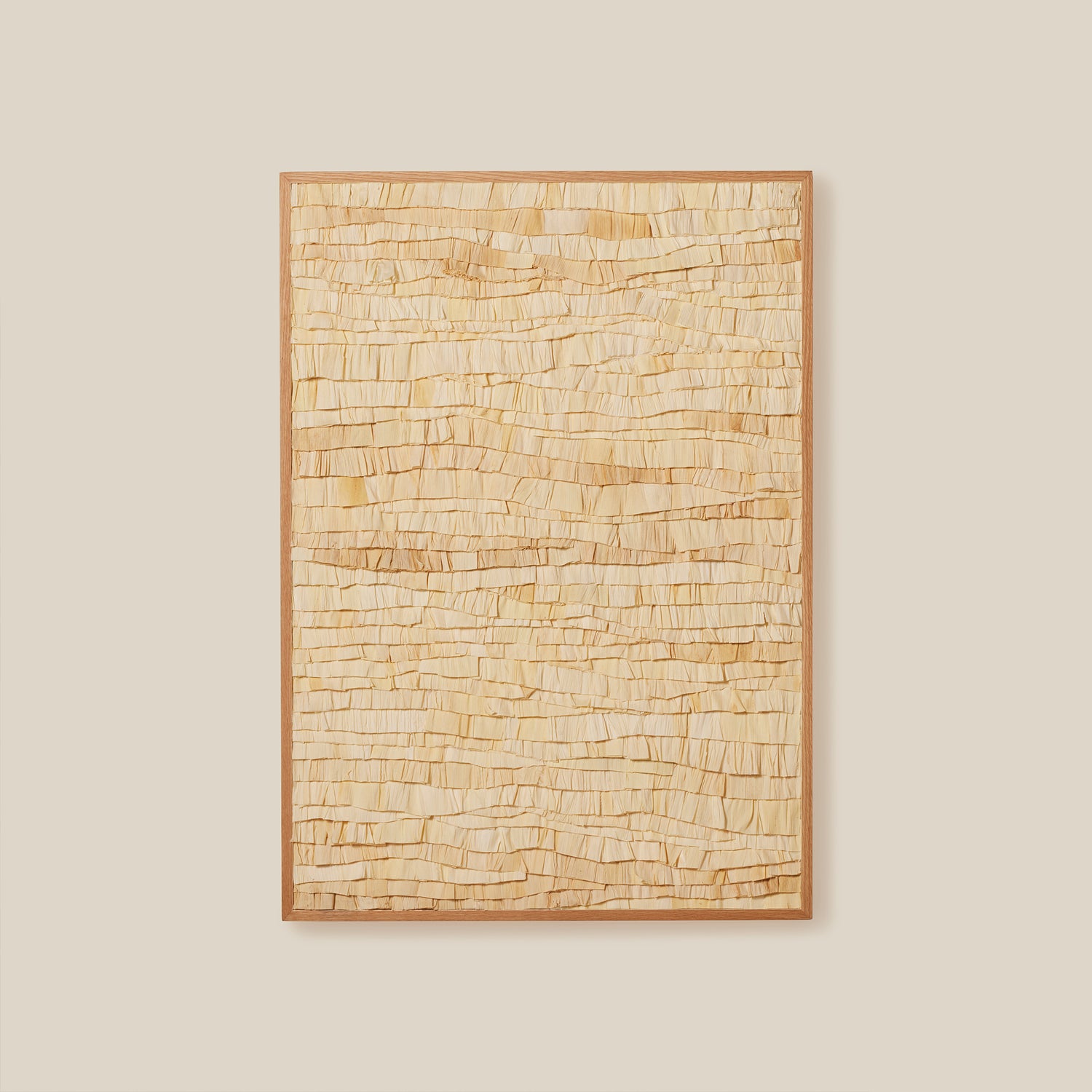 Textured wall art piece with a wooden frame on a beige wall- Number 6