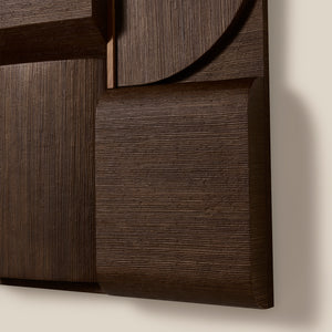 Close-up of a dark wood panel with geometric design on a beige background - Number 4