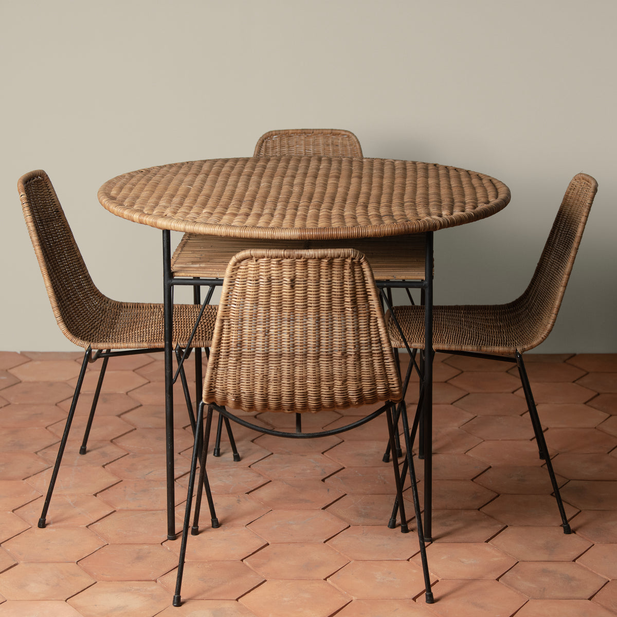 Vintage Mid Century Italian Wicker Iron 5 Piece Dining Set