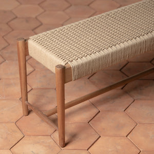 ingrid woven bench in teak detail